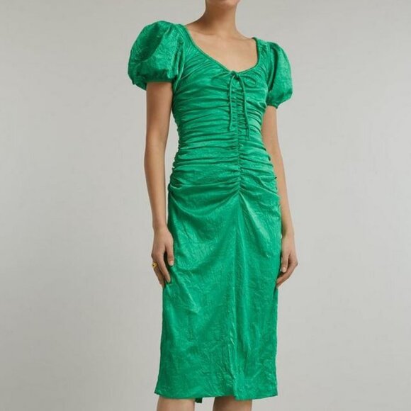 *NEW Ganni Green Crinkled Satin Midi Dress Size 6 - Picture 1 of 13